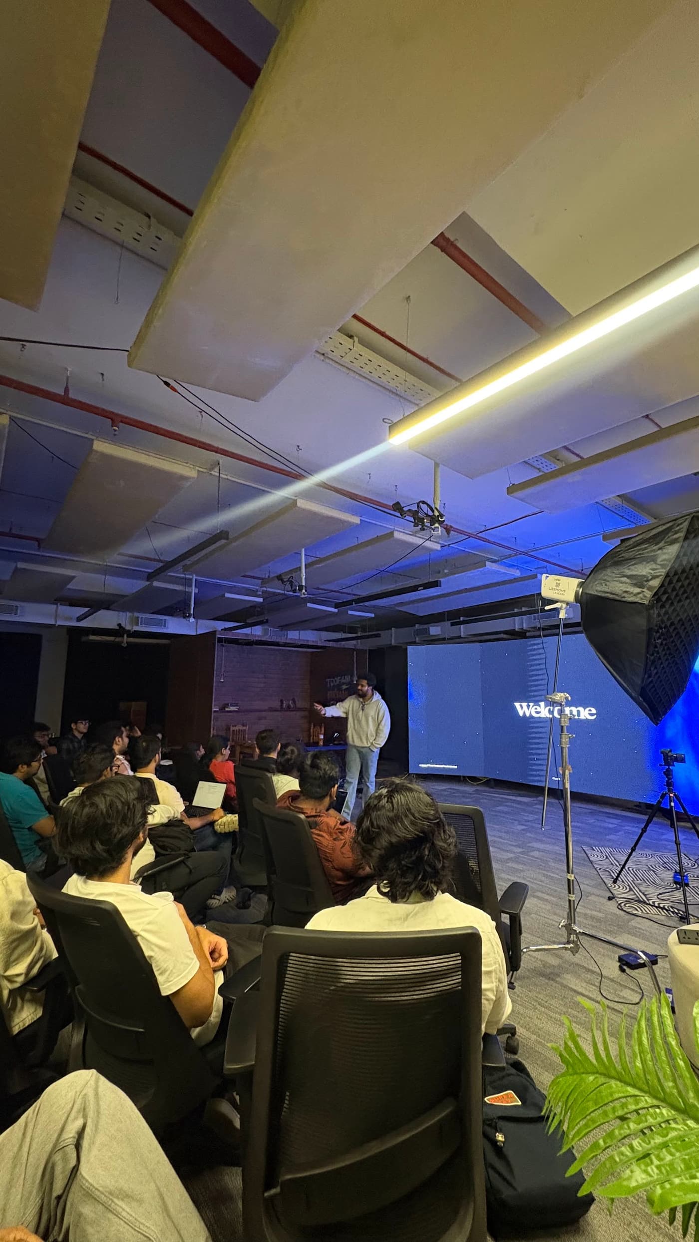 The GenC studio in Bangalore on the first day, soft boxes and lights set up, students in rows