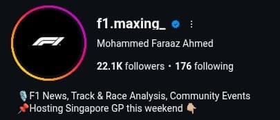Mohammed Faraaz Ahmed's Instagram profile, @f1.maxing_: 22.1K followers