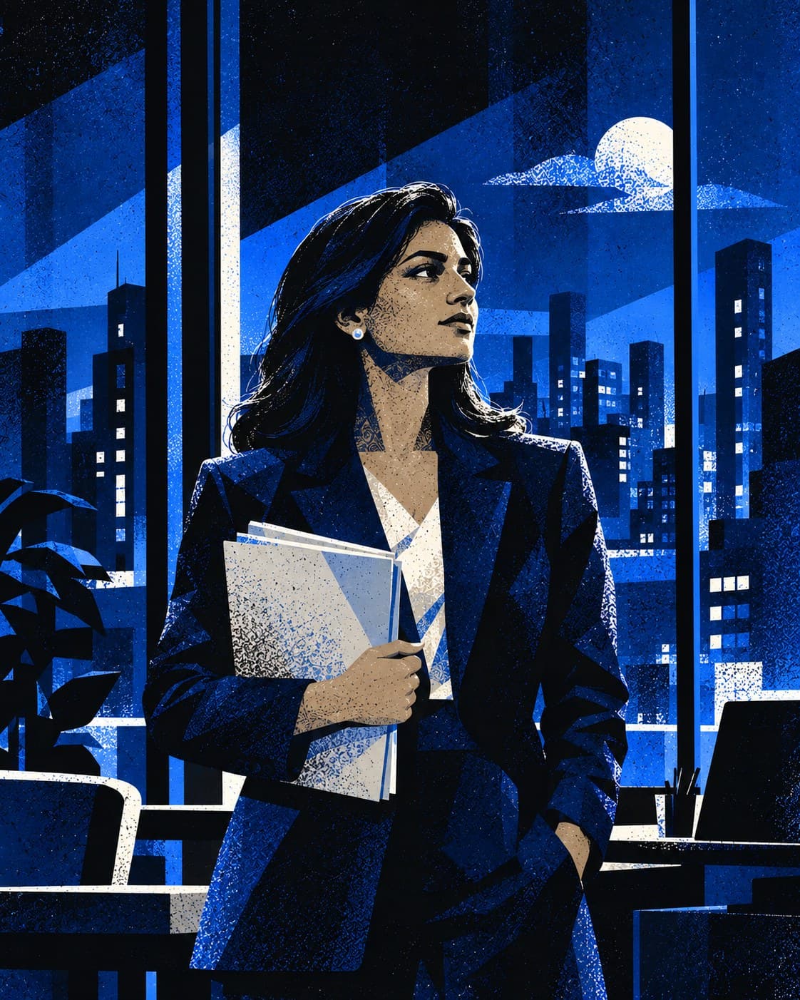 Illustration of a senior professional in a blazer holding a folder of documents, looking out over the city at night