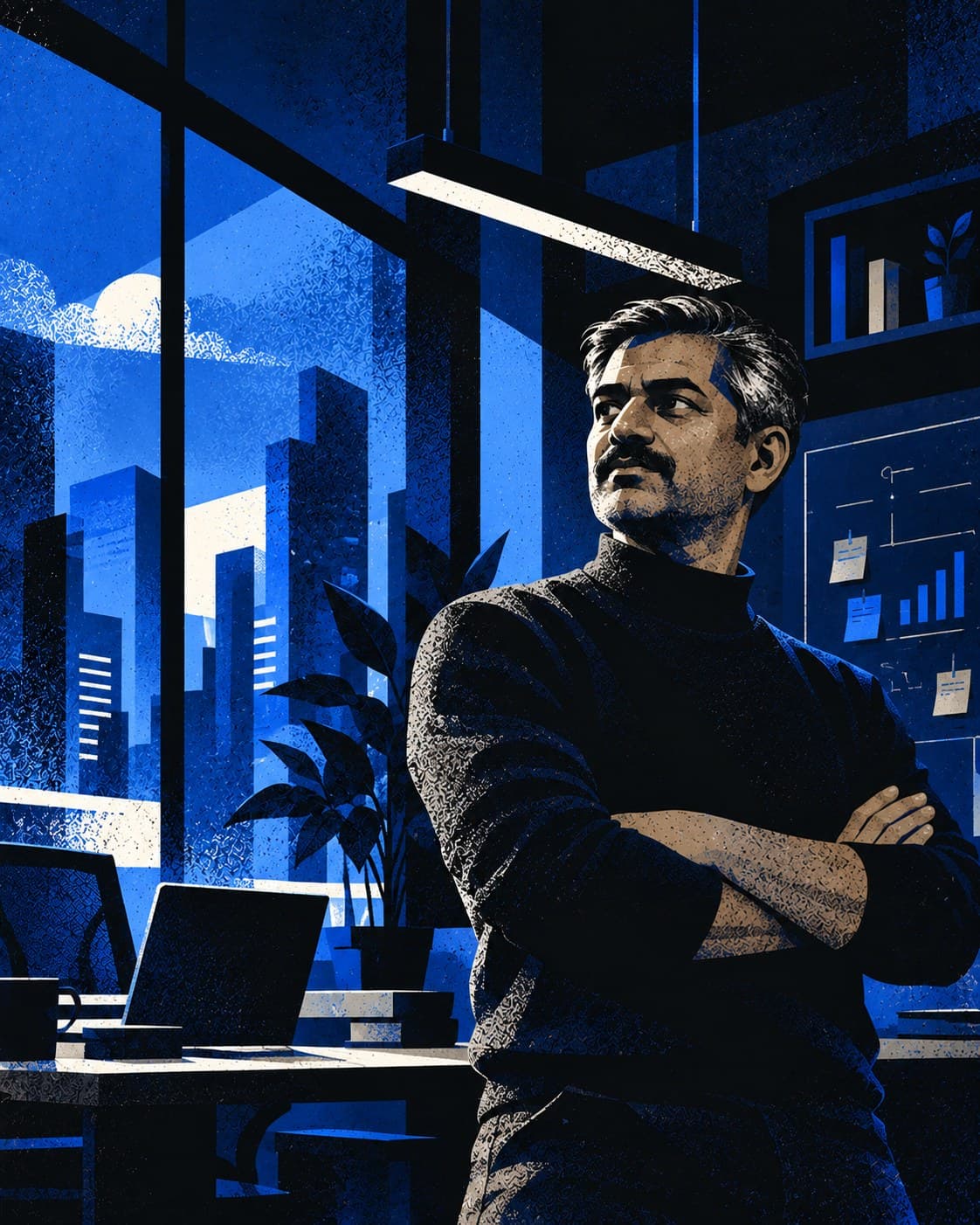 Illustration of a founder standing with his arms crossed in his office at night, the city skyline behind him