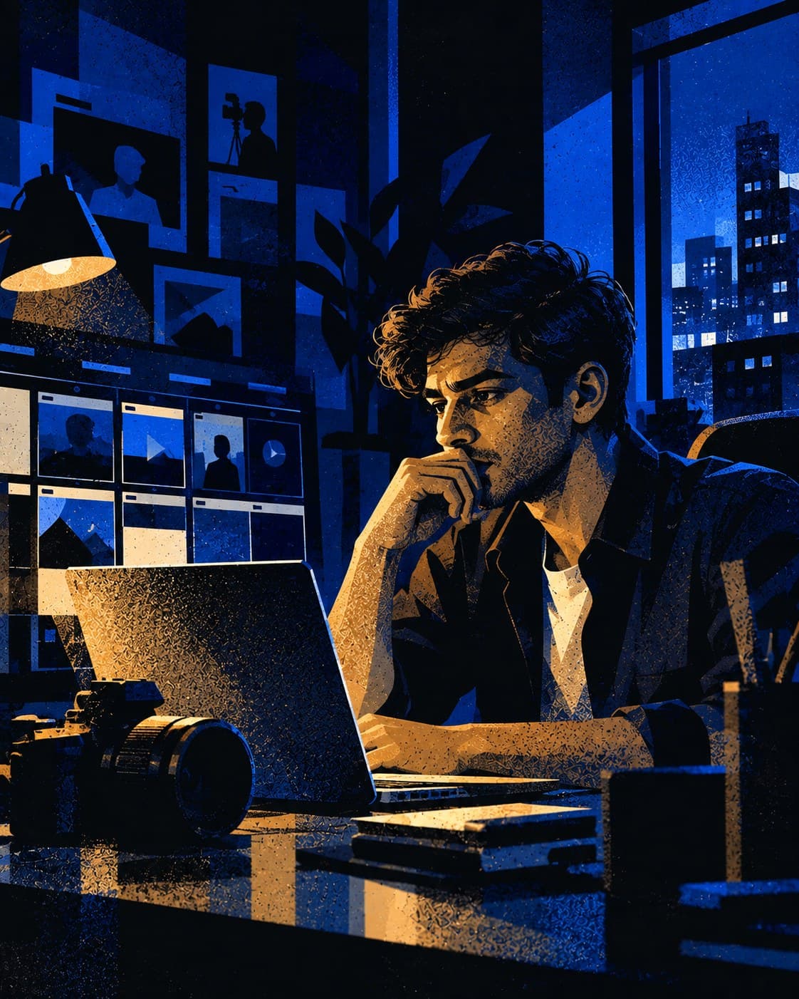 Illustration of a marketer at his desk at night, working on a laptop beside a camera and a wall of video thumbnails